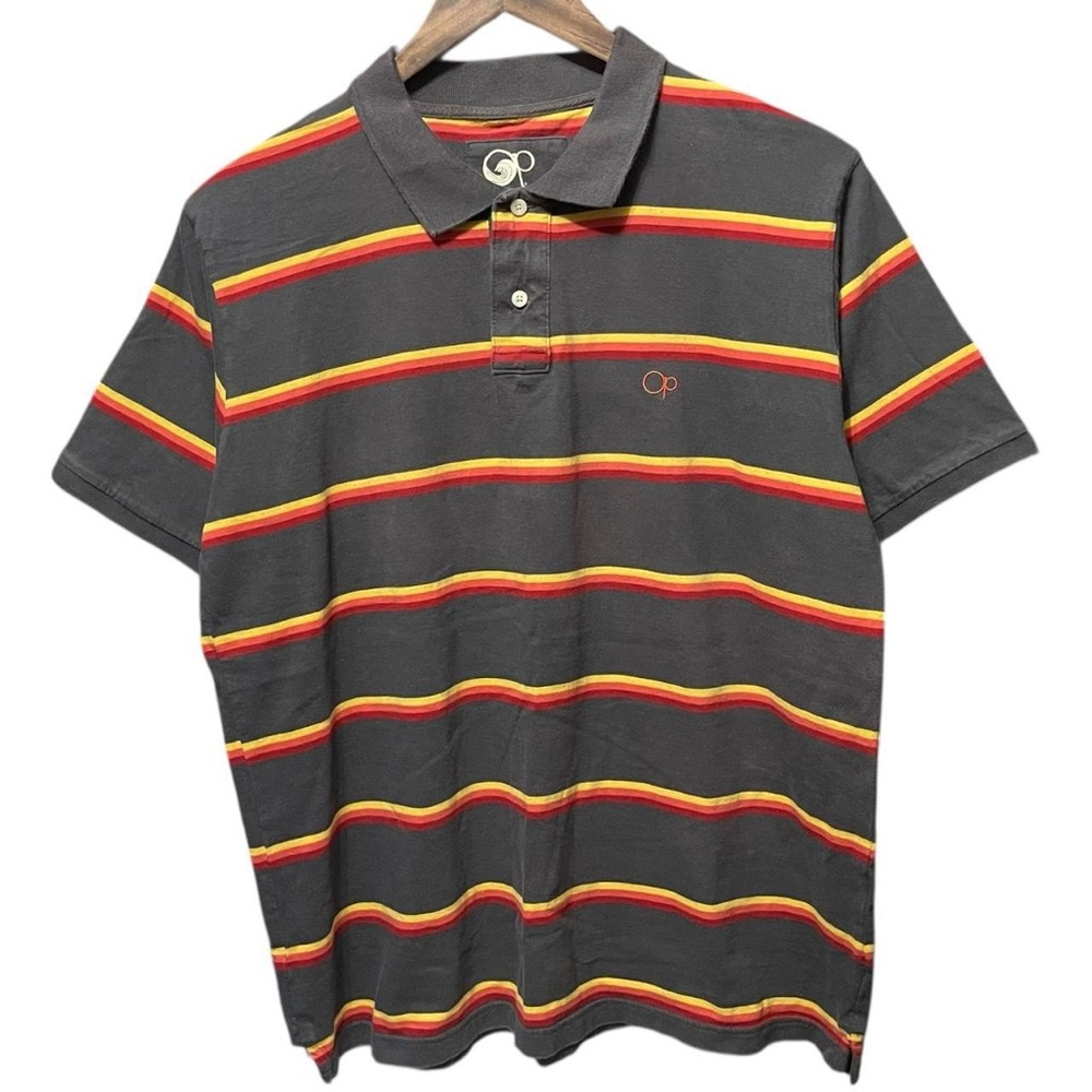 vintage 2000s horizontal striped gray red orange yellow short sleeve polo shirt